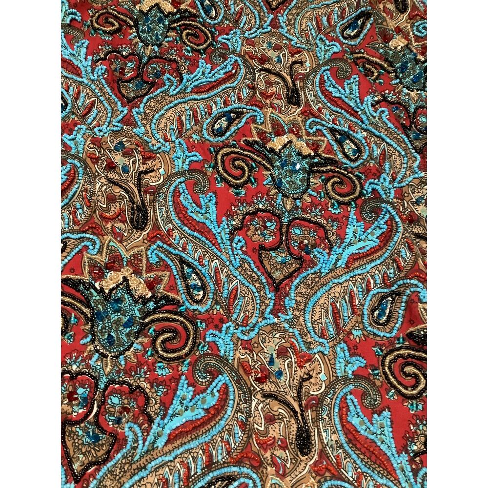 Vibrant Paisley Midi Skirt with intricate red /turquoise beading 
Sz: large - Picture 2 of 6